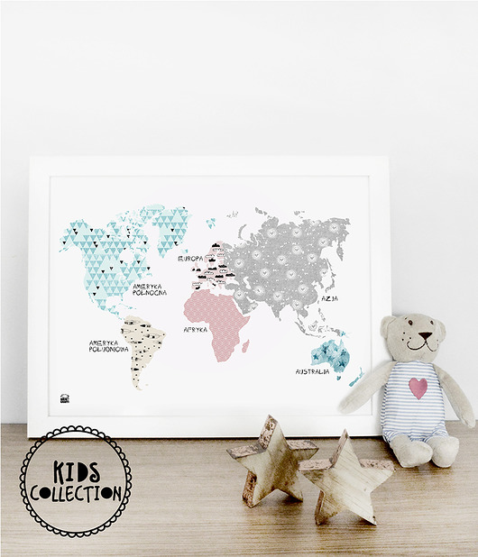 Pastelowa mapa dla dzieci, plakat mapa świata Mojo Graffi