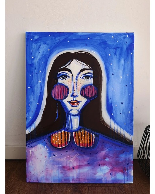 obrazy Obraz ręcznie malowany na płótnie 70x50 cm - Pani zagubiona w kosmosie