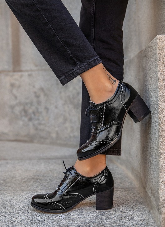 półbuty damskie OKSFORDKI NA 6 CM SŁUPKU - SKÓRA NATURALNA - MODEL 251-CZARNY NAPLAK+BIAŁY