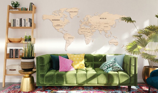 dekoracje - na ścianę Duża MAPA ŚWIATA na ścianę PAŃSTWA I STOLICE 180cm Mapa świata ze sklejki