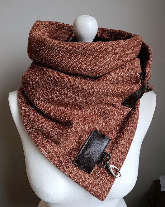 szale damskie Szal wełniany ze skórą, Komin Unisex Brązowy