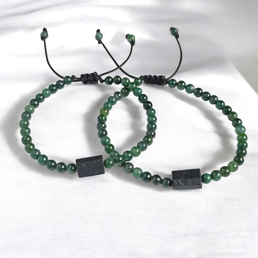 bransoletki z kamieni naturalnych KOMPLET dla PARY : agat mszysty & czarny turmalin : dł.regulowana