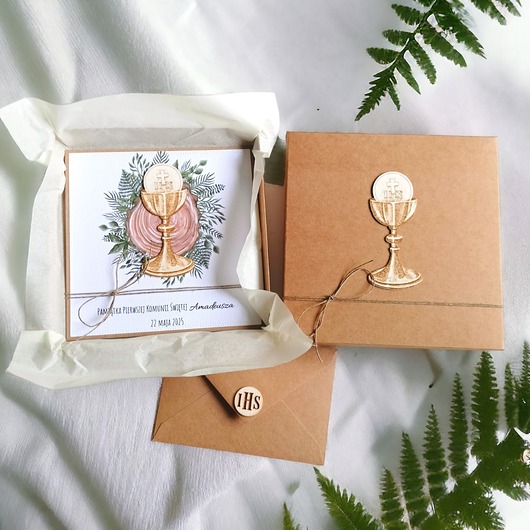 kartki na komunię PREMIUM : kartka w pudełku + torebka handmade : drewno: kielich 3