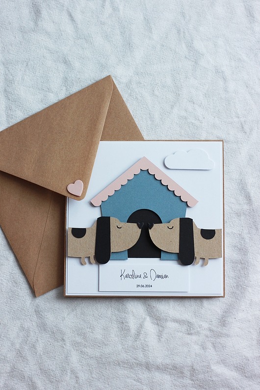 kartki scrapbooking Jamniczki. Kartka ślubna z pieskami
