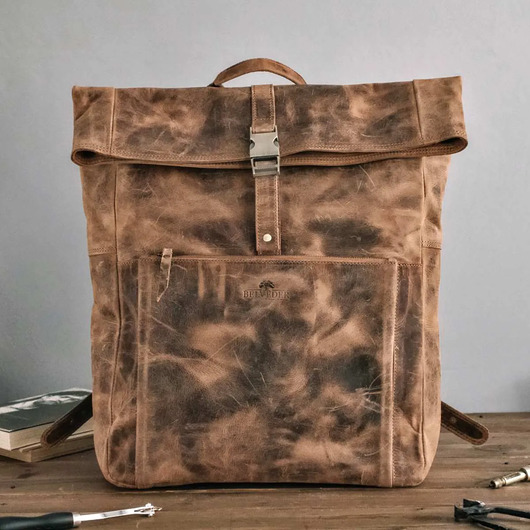 plecaki Brązowy Plecak Vintage do Pracy na Laptopa 15,6 Skórzany Roll-Top BP145