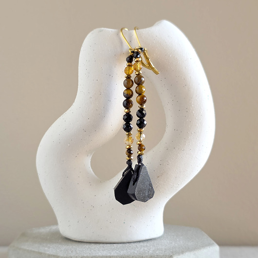 kolczyki z kamieniami Kolczyki wiszące UNIKAT czarny turmalin, cytryn, tygrysie oko