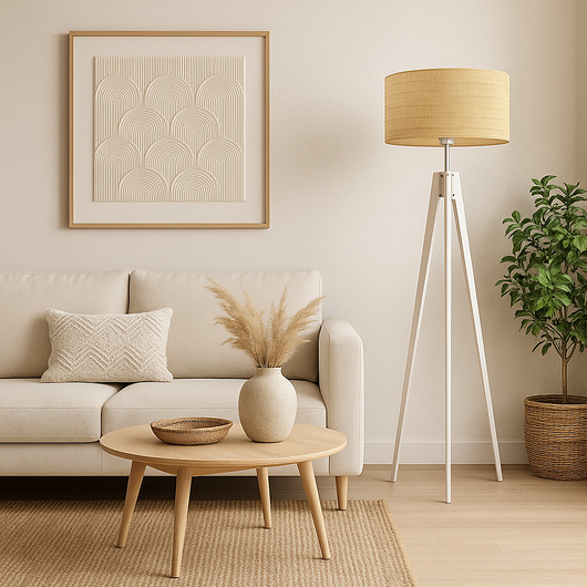 lampy podłogowe Drewniana lampa stojąca trójnóg z rattanowym kloszem HAITI BOHO