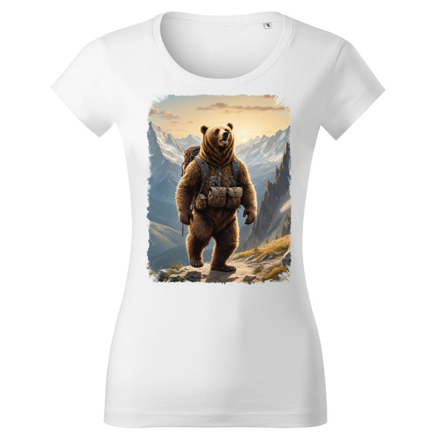 t-shirt damskie Tatra Art i niedźwiedź na górskim szlaku z plecakiem damska v3