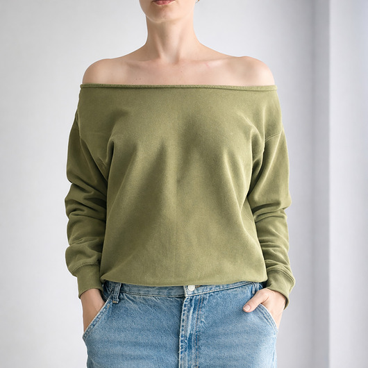 bluza bez kaptura damska Oliwkowa bluza oversize z ciętym dekoltem ze ściągaczami