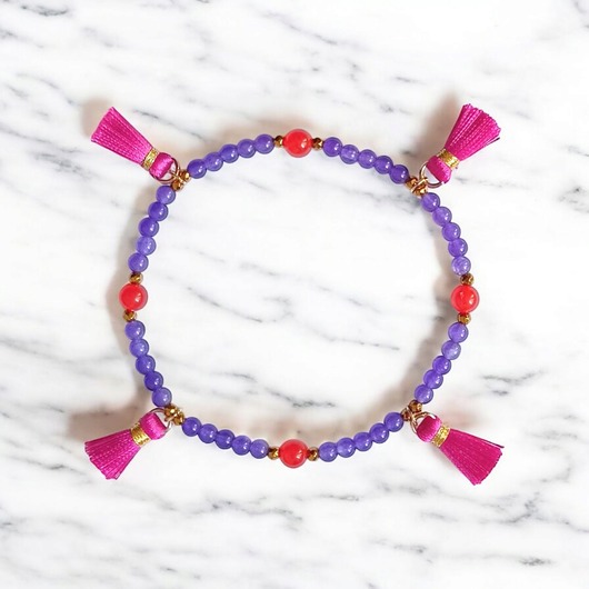 bransoletki z kamieni naturalnych NA NOGĘ : summer collection : jadeit i chwosty : fiolet-pomarańcz-róż