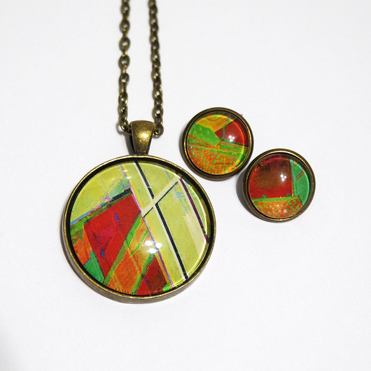 klipsy Naszyjnik i klipsy - komplet - Kolorowa abstrakcja, brąz