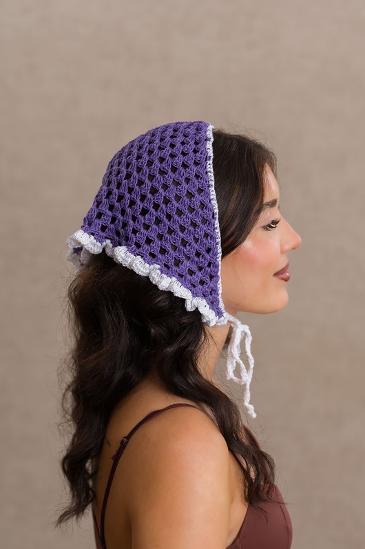 apaszki Szydełkowa chustka bandana bawełna organiczna z falbanką letnia fioletowa