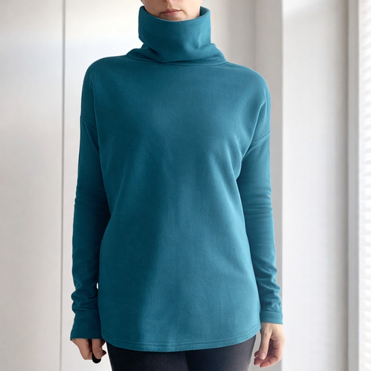 bluza bez kaptura damska Wąski rękaw Golf Morski z dzianiny pętelkowej