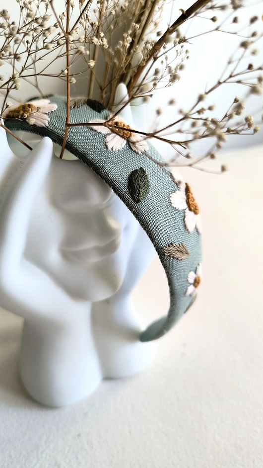 opaski do włosów Opaska Lniana haftowana Miętowa