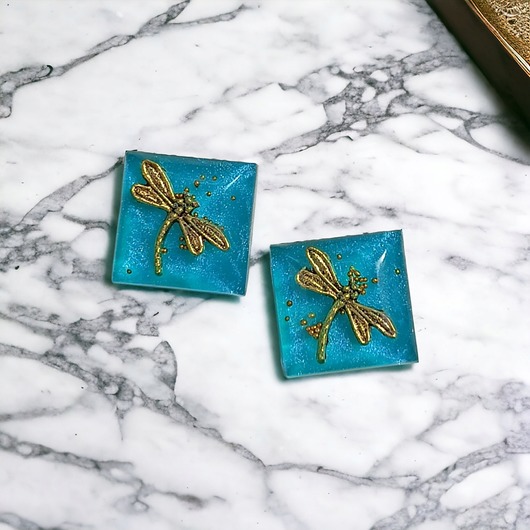 klipsy UNIKATOWE klipsy - ważki - turkusowo złote