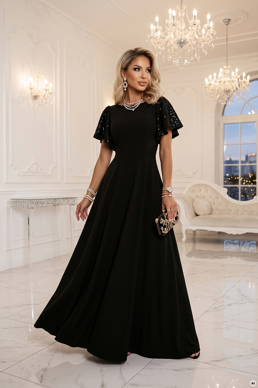 sukienki maxi damskie 694-1 MIRELLA Elegancka rozkloszowana sukienka maxi z cekinami - czarna