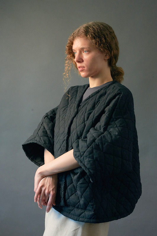 marynarki damskie Czarny żakiet kimonowy pikowany ocieplany