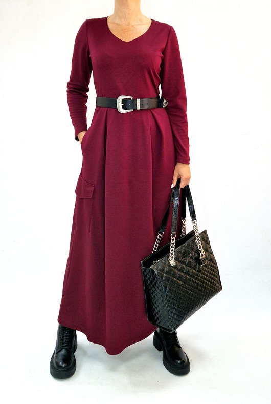 sukienki maxi damskie Bordowa sukienka  maxi z kieszeniami roz 36-56