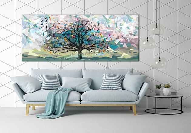 obrazy Obraz na płotnie pejzaż, origami, drzewo- 150x60