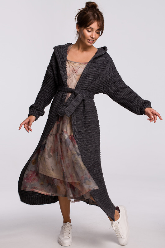 kardigany damskie Długi kardigan z kapturem - grafitowy(BK-054)