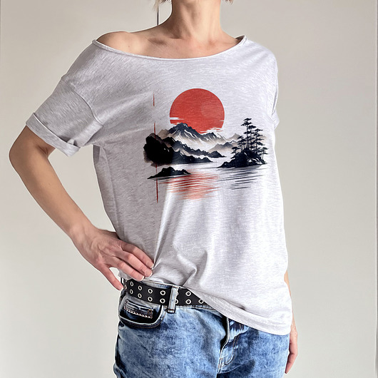 t-shirt damskie Japoński krajobraz Szary Oversize