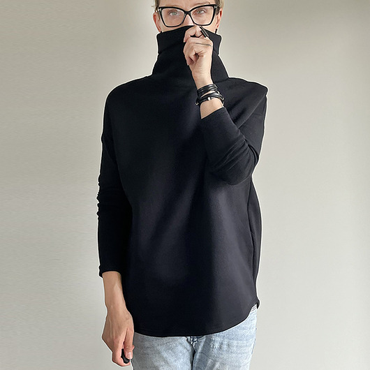 bluza bez kaptura damska Wąski rękaw Golf Czarny