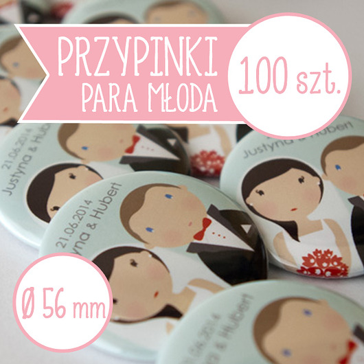 100 szt. przypinki ślubne Młoda Para 56 mm inkipinki