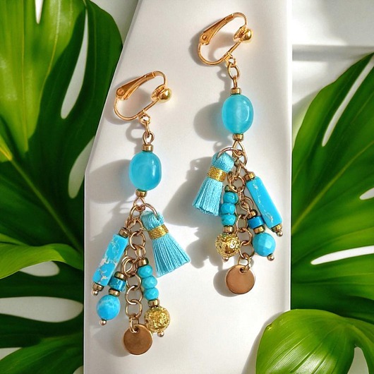klipsy Turkusowe klipsy Boho : długie i fikuśne