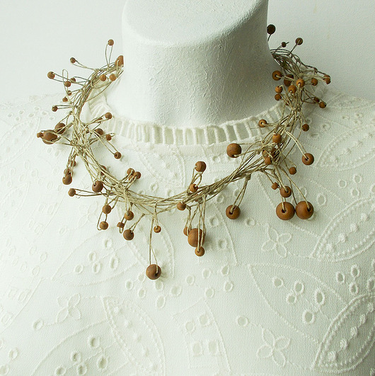 kolie Naszyjnik Drewno na naturalnym lnie