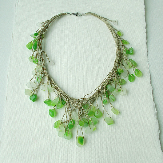 kolie Wiosenna zieleń Naszyjnik lniany