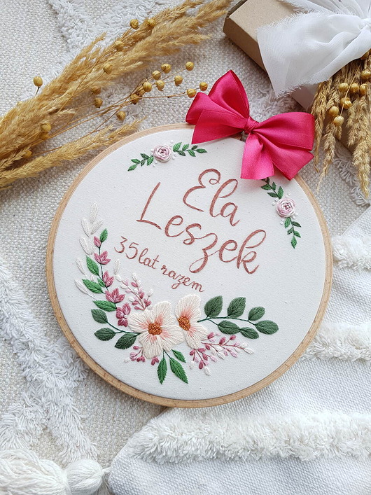 Ozdoby na ścianę Tamborek ELEGANCKI HAFT NA ROCZNICĘ ŚLUBU - pamiątka, rocznica, ślub