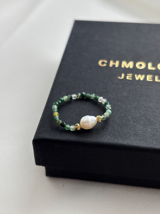 pierścionki elastyczne Pierścionek elastyczny Agat Zielony i Perła