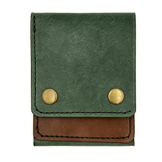 portfele damskie Zielono-brązowy portfel skórzany ręcznie uszyty na karty.