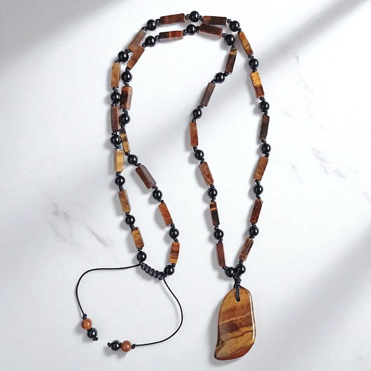 biżuteria męska UNIKAT: tygrysie oko, onyks : supełkowany naszyjnik męski