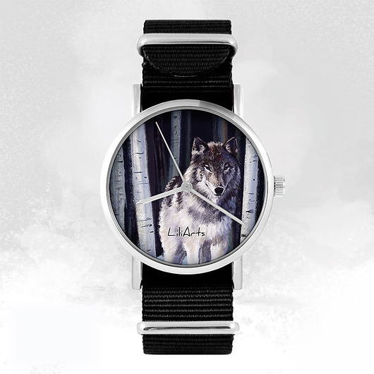 zegarki unisex Zegarek - Szary  wilk - czarny, nylonowy