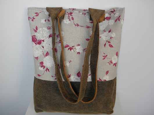  Shopper bag "Róże" - skóra naturalna i len Artmanual