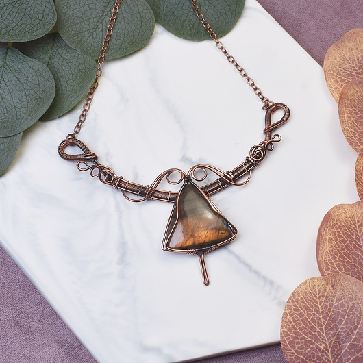 kolie Miedziany naszyjnik wire wrapping z labradorytem #491