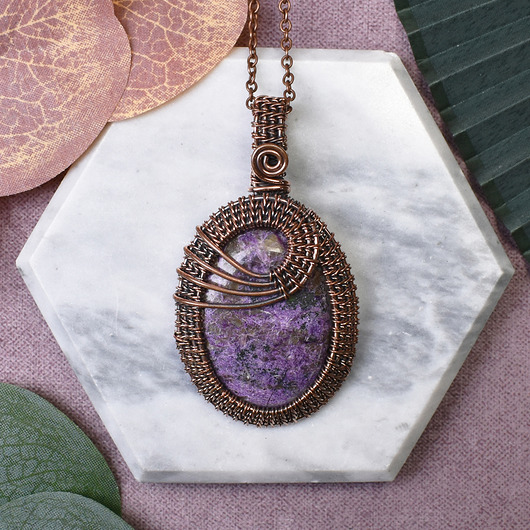 wisiory Miedziany wisiorek wire wrapping z purpurytem #478
