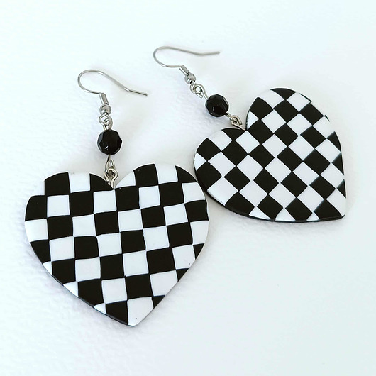 kolczyki z masy plastycznej Kolczyki Serca Szachownice