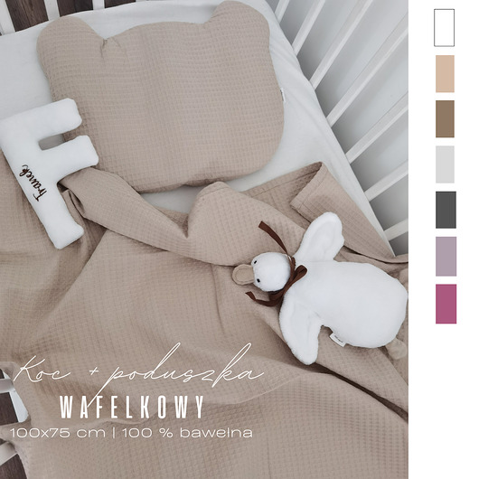 kocyki, kołderki, pościel dla dzieci Wafelkowy kocyk z poduszką miś 100x75cm  (kolory)