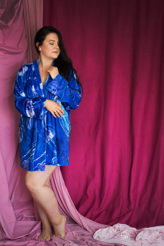 bluza bez kaptura damska Aksamitna BLUZA KIMONO domowe/kopertowa marynarka, autorski print MEDUZY