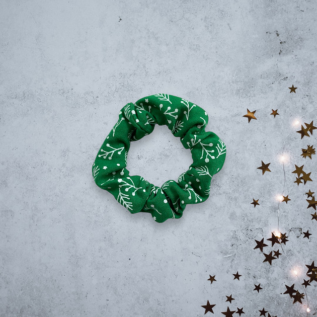 gumki do włosów Scrunchie gumka frotka wąska - świąteczna gałązki zielona