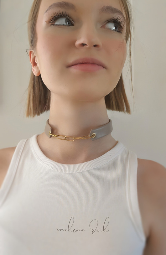 chokery CHOKER skóra naturalna beżowy naszyjnik łańcuch Glamrock