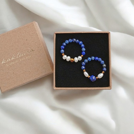 pierścionki elastyczne PREMIUM : zestaw pierścionków : lapis lazuli, perły