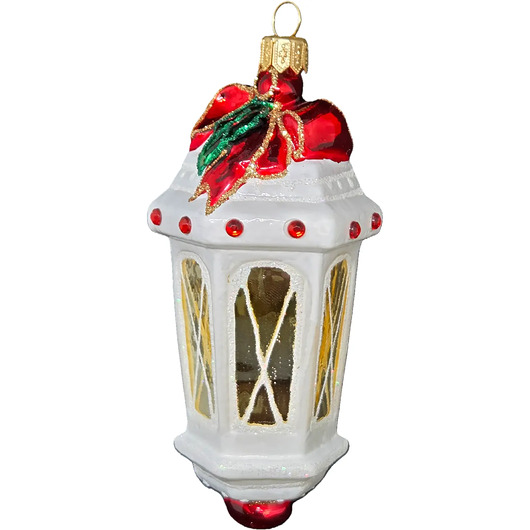 bombki Ręcznie malowana szklana bombka biały lampion z czerwonymi zdobieniami