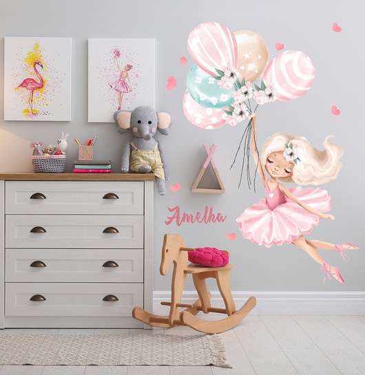 naklejki ścienne do pokoju dziecka Baletnica, pastelowe baloniki, serca, kropki  Naklejka na ścianę