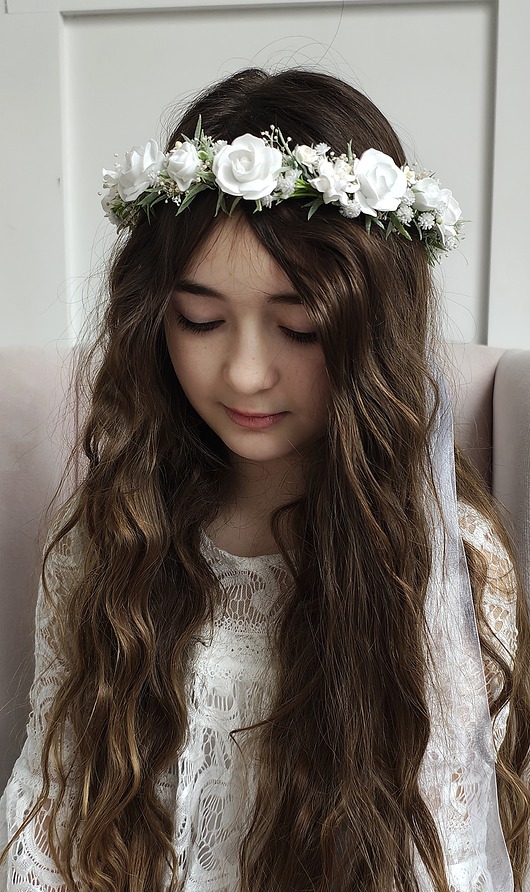 wianki komunijne Delikatny Wianek komunijny jak żywy biel, ivory , zieleń,