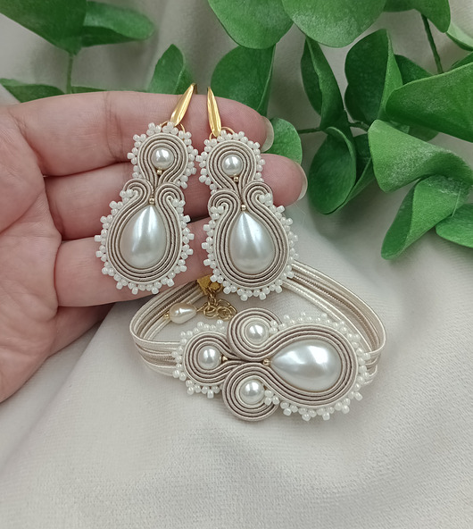 Biżuteria ślubna Perłowa biżuteria ślubna, perłowy komplet soutache dla panny młodej