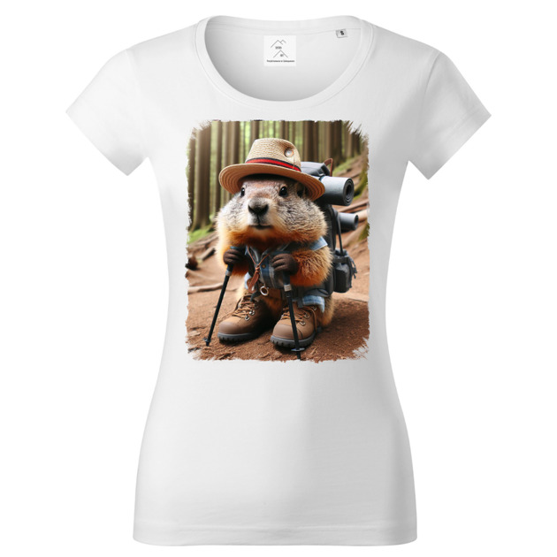t-shirt damskie Tatra Art świstak na górskim szlaku z plecakiem w kapeluszu koszulka damska v2