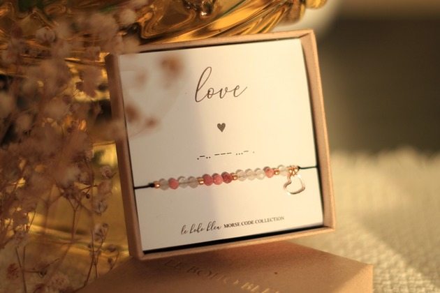 bransoletki na sznurku LOVE  - Alfabet Morse'a - Kwarc Różowy i Rodonit